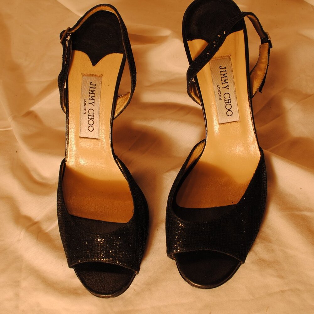 Jimmy Choo Glittering Black Open-Toe Heels - Picture 2 of 6